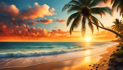 Foto op Aluminium Abendrot oder Sonnenaufgang am Strand mit tropischen Palmen, einem Ozean oder Meer aus türkisen Wasser mit Wellen und einem weiten Himmel mit Sonne Wolken in bunten Farben schöner Urlaub Insel Küste © www.barfuss-junge.de