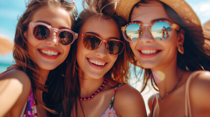 Three smiling women in sunglasses enjoying a beach day.