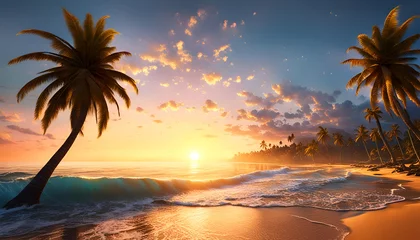  Abendrot oder Sonnenaufgang am Strand mit tropischen Palmen, einem Ozean oder Meer aus türkisen Wasser mit Wellen und einem weiten Himmel mit Sonne Wolken in bunten Farben schöner Urlaub Insel Küste © www.barfuss-junge.de