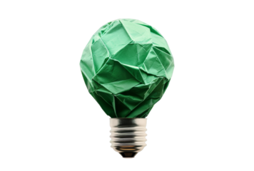  A conceptual green paper light bulb representing energy efficiency and environmental conservation, isolated on a black backdrop.