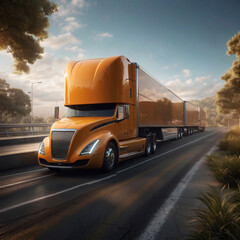futuristic truck driving on the road at sunset