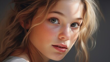 Naklejka premium A breathtaking close-up portrait of the blonde beauty, showcasing her radiant skin, elegant dress and expressive eyes.