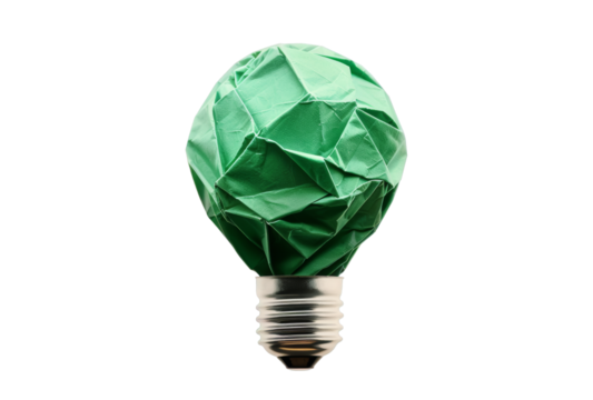  A conceptual green paper light bulb representing energy efficiency and environmental conservation, isolated on a black backdrop.