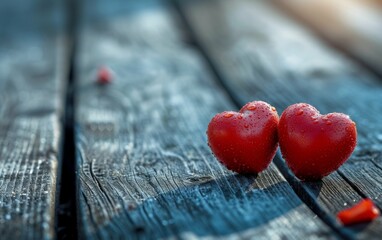 Fototapeta premium Two vibrant red hearts are resting peacefully on top of a sturdy wooden bench, creating a simple yet touching scene