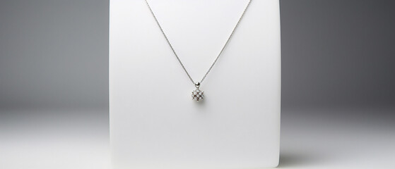 A sleek pendant necklace with a minimalist design, displayed on a soft gray background. - obrazy, fototapety, plakaty