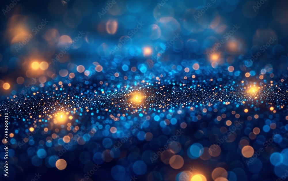 Poster a photograph capturing a blurred scene of blue and yellow lights, creating a dynamic and colorful vi