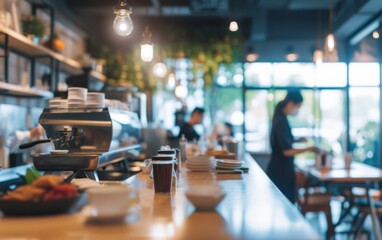 This photo captures a blurry image of a restaurant counter, showcasing various items and textures. The blurred effect adds a sense of movement and activity to the scene