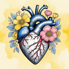 Anatomically realistic human heart with yellow and pink flowers around it on white background.	