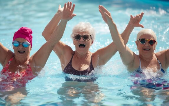 This photo captures a group of older women of diverse ethnicities enjoying a swim in a pool. They are gracefully moving through the water, maintaining their health and fitness through aquatic exercise