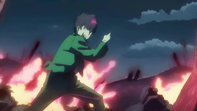 animated guy in a green sweater and pants actively runs against the background of a fiery flame under a dark sky.
Concept: adventure action scenes, youth animation and fortitude.