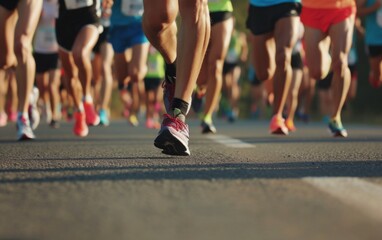 Fototapeta premium A diverse group of individuals, including men and women of different ethnicities, are seen sprinting down a long road. They are all dressed in athletic attire and appear focused as they engage in a co