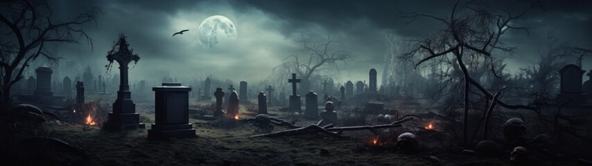 A spooky Halloween holiday with a cemetery, fog, full moon and tombstones creating an atmosphere of fear. - obrazy, fototapety, plakaty