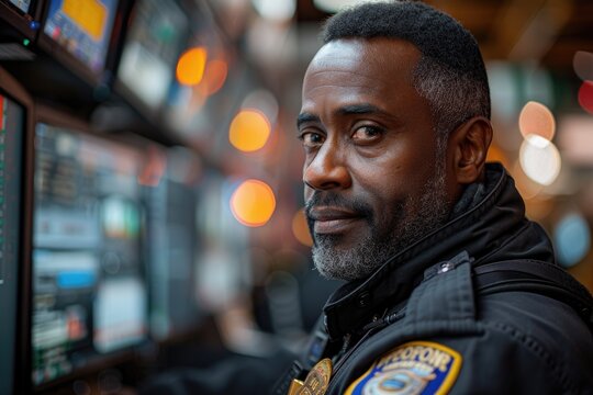 An African American police officer with a gentle expression sits in front of a control panel, his eyes reflecting the complexity of his work amidst the colorful blur of emergency lights.
