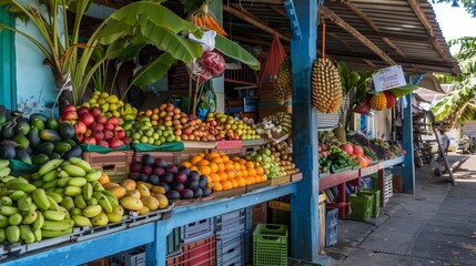 A bustling tropical market scene with colorful stalls laden with an array of fresh, exotic fruits, sourced from local farms, under a bright sunny sky.