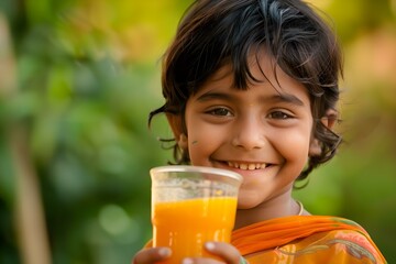 Young Indian child enjoying refreshing fruit juice with a heartwarming smile. Concept Indian children, refreshment, fruit juice, happiness, smiles