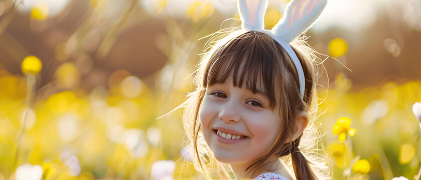 happy child with a smile wearing a bunny headband celebrating on easter day