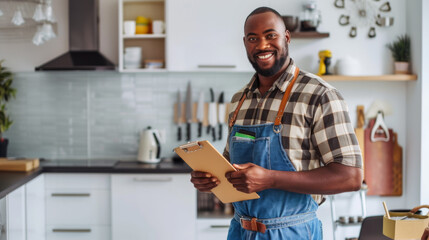 cheerful Caucasian male in a plaid shirt and denim apron, holding a clipboard, standing in a well-lit kitchen with kitchen utensils and cookware in the background. - Powered by Adobe