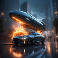 In this image, a car is shown being hit by a spaceship in a city at night. The car is on fire and...