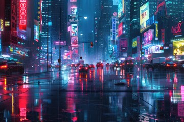 This image presents a stunning night-time cityscape bathed in neon lights, with reflections on streets creating a futuristic atmosphere. Resplendent.
