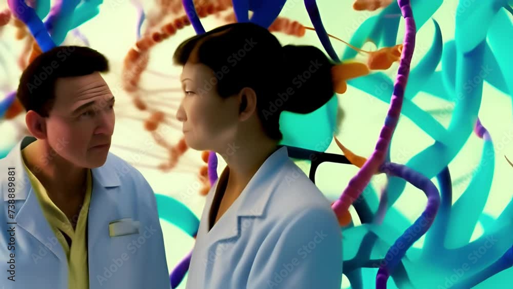 Poster animated two scientists in lab coats discussing research results against a background of colored mol