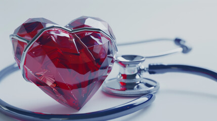 red heart-shaped object alongside a blue stethoscope against a white background, symbolizing healthcare, cardiology, and medical professions. - obrazy, fototapety, plakaty