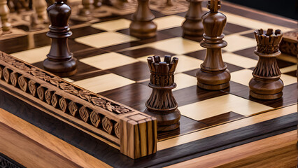 A chess board with wooden pieces on top, the pieces are brown and in various positions on the board. - obrazy, fototapety, plakaty