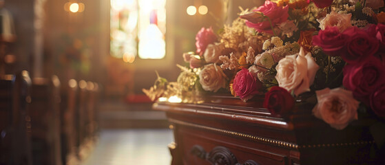 Photo of a closed coffin covered with roses at a funeral service. Funeral concept, church farewell ceremony