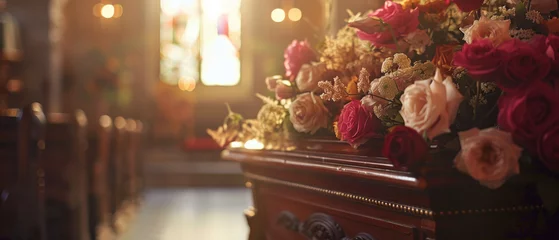 Foto op Aluminium Photo of a closed coffin covered with roses at a funeral service. Funeral concept, church farewell ceremony © Flow_control