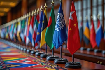 Aligned national flags on elegant stands grace a corridor, signifying the diplomatic exchange and international relations at a high-level conference.