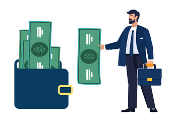 Businessman saves money in wallet. Business presentation, people with briefcase works, financial dollars, business project. Infographic banner, career. Flat style vector design. vector illustration 