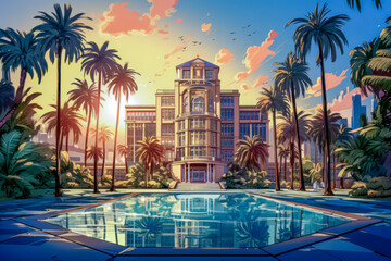 Grand Mansion at Sunset with Tropical Palms - obrazy, fototapety, plakaty