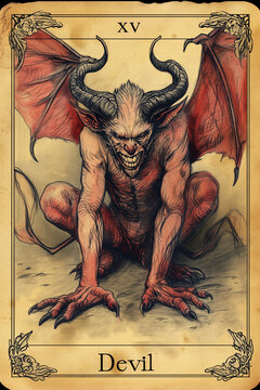 Grunge style tarot card with the Baphomet devil image half man and half goat symbol of all the things evil, used in esoteric cartomancy by fortune tellers since medieval times