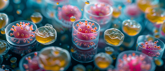 Virus Particles in Petri Dishes for Scientific Research. The concept of visualization of microscopic pathogens, banner