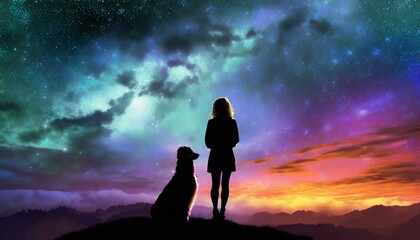 silhouette of a lonely girl with a dog in fantasy sky