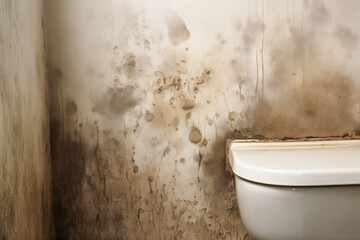 Bathroom wall damage: Mold and mildew creating a grungy and messy interior. - obrazy, fototapety, plakaty