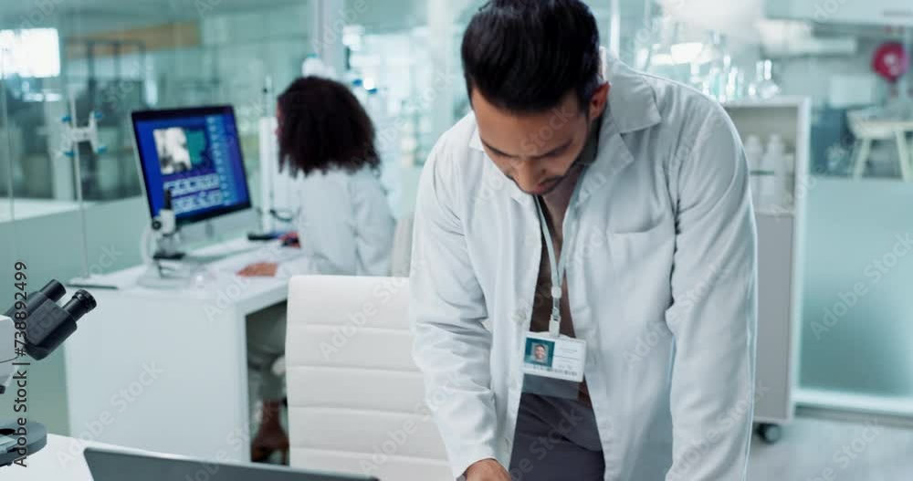 Poster serious man, tablet and scientist research in laboratory, experiment or data analysis to study healt