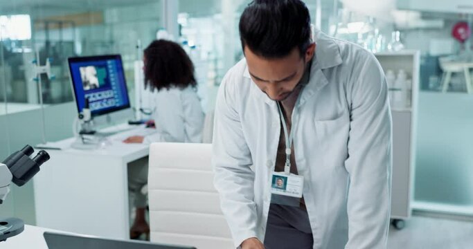 Serious man, tablet and scientist research in laboratory, experiment or data analysis to study healthcare. Digital technology, science or medical professional in investigation, innovation and walking