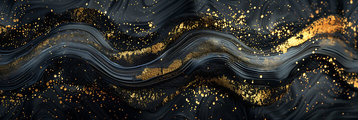A dramatic contrast of black and gold creates a wave-like pattern against a textured backdrop. The color gradient rough abstract design shines with bright light and glow. - obrazy, fototapety, plakaty