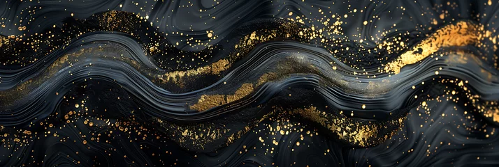 Poster A dramatic contrast of black and gold creates a wave-like pattern against a textured backdrop. The color gradient rough abstract design shines with bright light and glow. © Simo