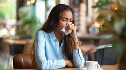 woman is sitting at a table in a cafe, blowing her nose with a tissue, looking distressed, possibly suffering from a cold or allergies.
