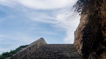 Beautiful staircase going up with a flowering plant growing along a limestone wall against a blue sky © AvokadoStudio