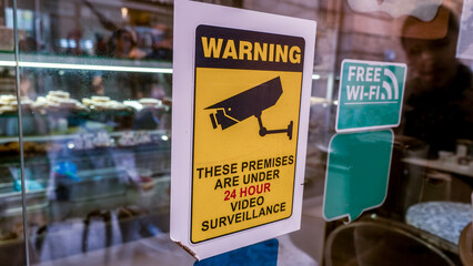 Symbolic image, close-up, sign indicating video surveillance in cafe restaurant