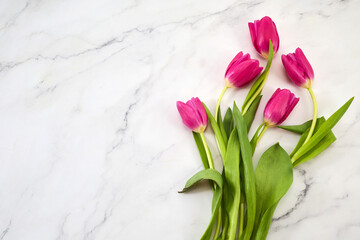 Bouquet of pink tulips on marble background. Mothers day, Valentines Day, Birthday celebration concept. - 738893053