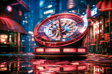Casino Roulette Table with Spectators in Neon Light