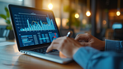 Cropped photo of businessman analyzing business diagram, marketing statistics and finance market graphs on laptop monitor in the office