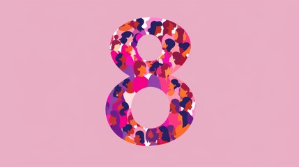 illustration for International Women's Day in a trendy flat style of a silhouette of the number 8, consisting of a pattern of many diverse women , pink an purple colors 