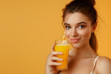 Woman with glass of collagen drink beauty banner rejuvenating juice yellow background. Concept Beauty Routine, Collagen Drink, Healthy Lifestyle, Yellow Aesthetic, Banner Design