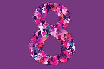 Obraz na płótnie Canvas illustration for International Women's Day in a trendy flat style of a silhouette of the number 8, consisting of a pattern of many diverse women , pink an purple colors 