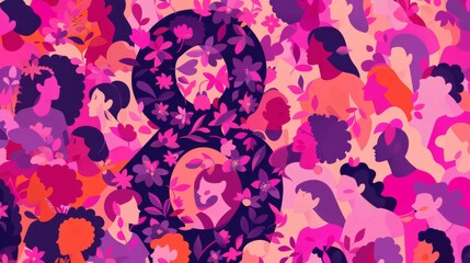 illustration for International Women's Day in a trendy flat style of a silhouette of the number 8, consisting of a pattern of many diverse women , pink an purple colors
