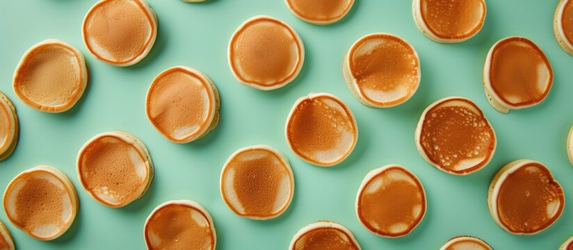 The image features numerous golden-brown pancakes with varying degrees of crispiness, laid out on a solid teal-colored surface. The pancakes are of uniform size and appear to be freshly cooked, with s